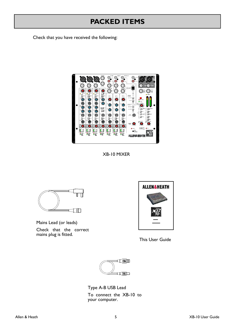 Packed items, Allen & heath 5 xb-10 user guide | Allen&Heath XB-10 User Manual | Page 5 / 36
