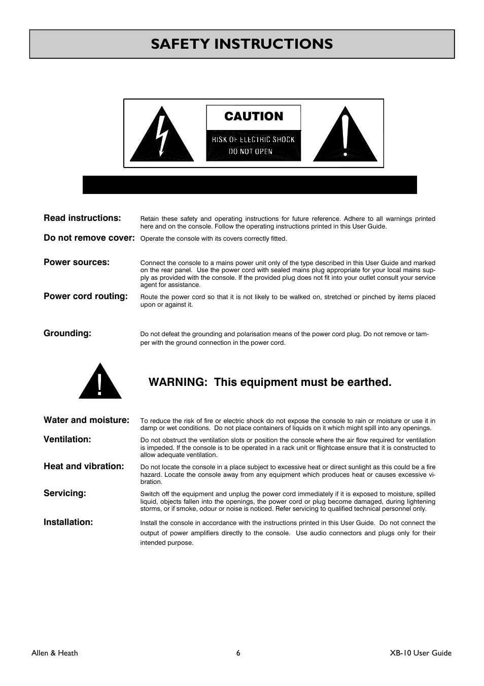 Safety instructions, Caution, Warning | Warning: this equipment must be earthed | Allen&Heath XB-10 User Manual | Page 6 / 36