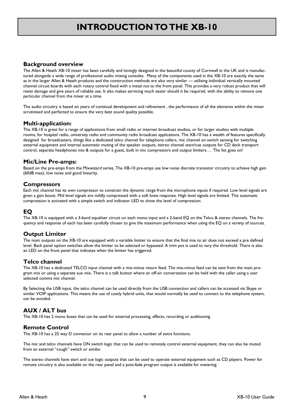 Introduction to the xb-10 | Allen&Heath XB-10 User Manual | Page 9 / 36