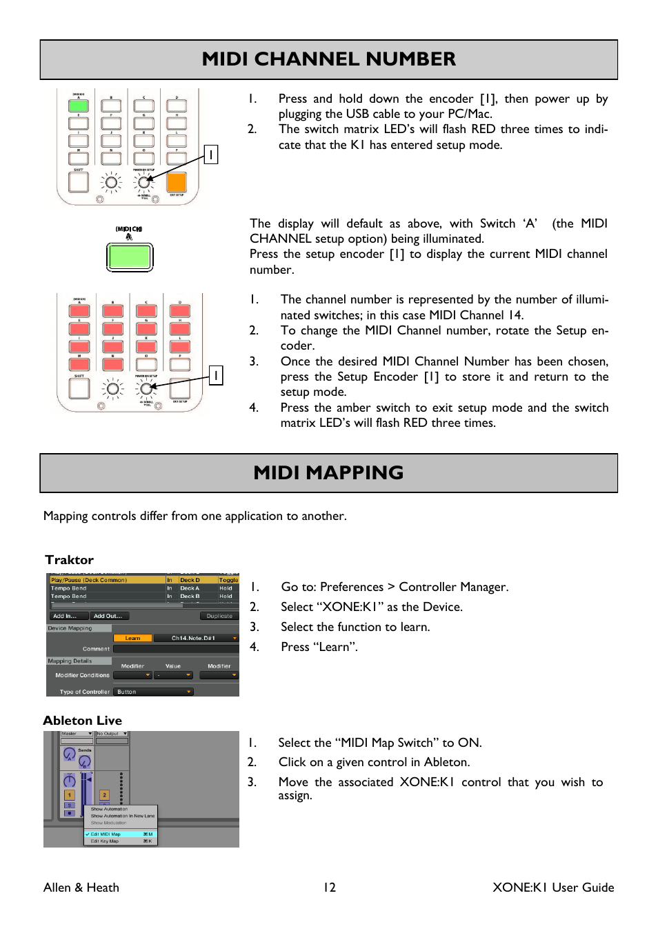 Midi channel number, Midi mapping | Allen&Heath Xone K1 User Manual | Page 12 / 16
