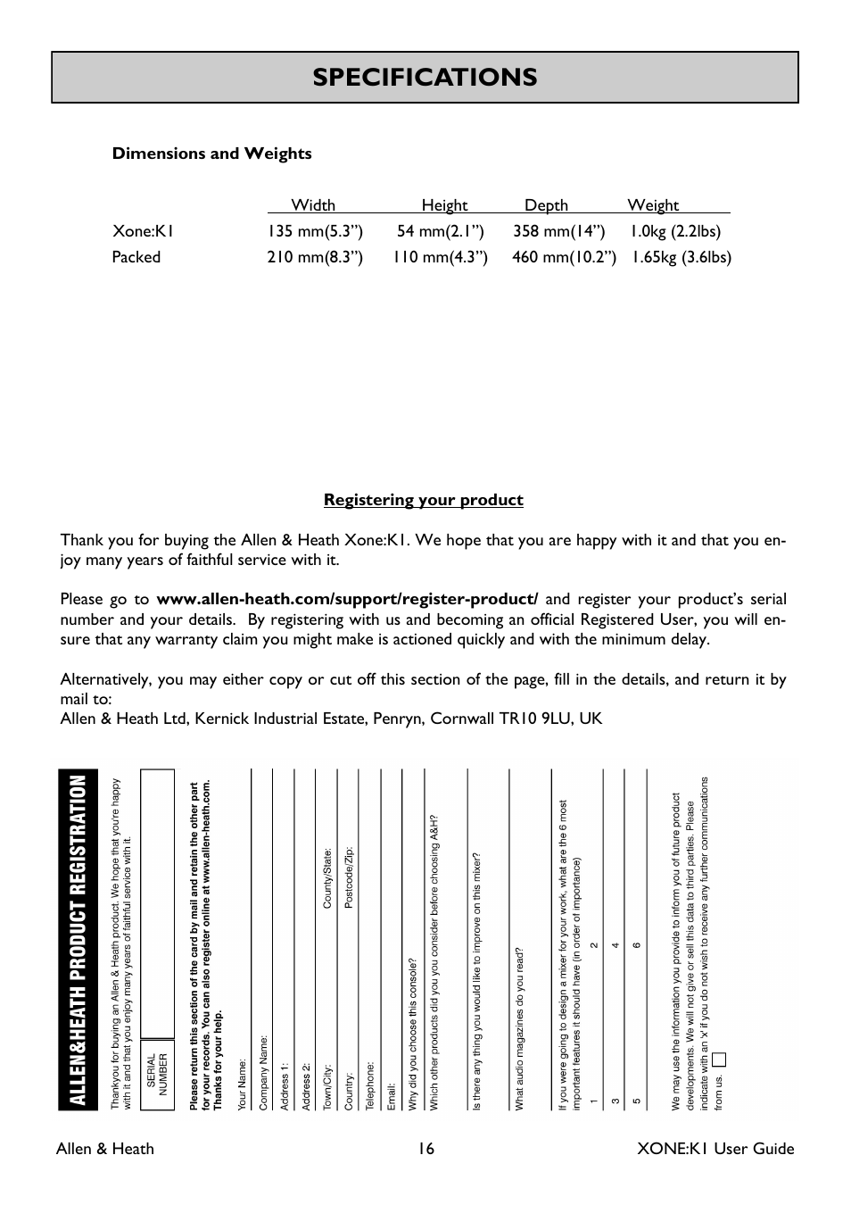 Specifications | Allen&Heath Xone K1 User Manual | Page 16 / 16