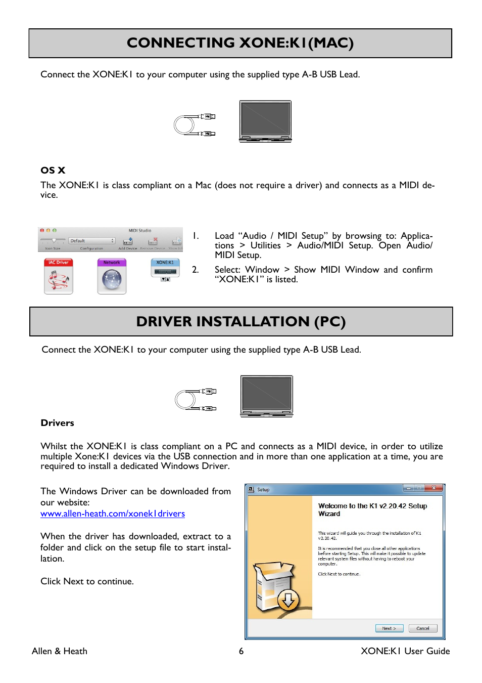 Connecting xone:k1(mac), Driver installation (pc) | Allen&Heath Xone K1 User Manual | Page 6 / 16