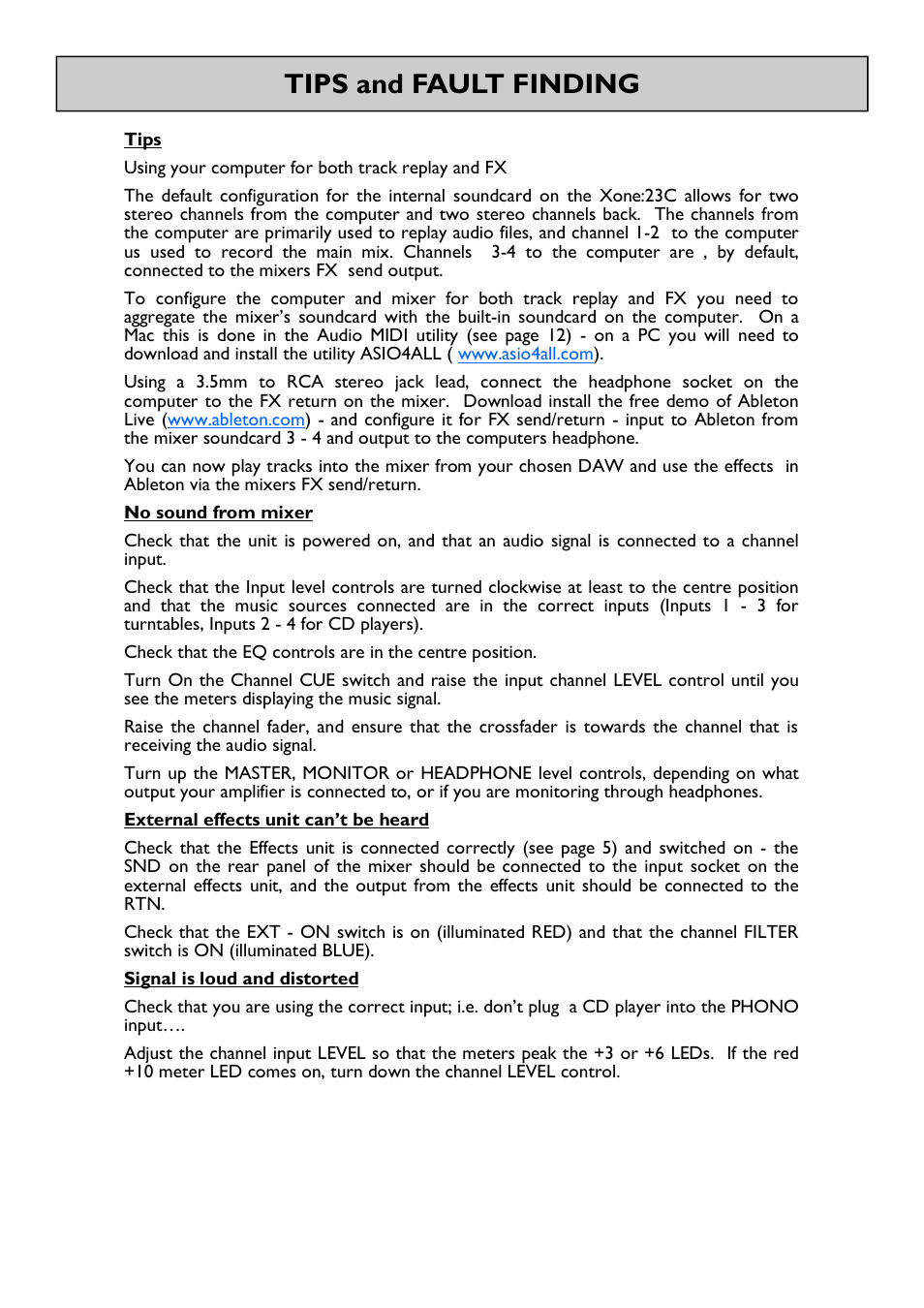 Tips and fault finding | Allen&Heath Xone 23C User Manual | Page 21 / 27