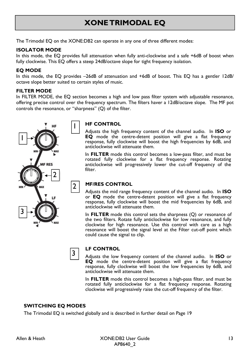 Xone trimodal eq 1 3 2 | Allen&Heath XONE DB2 User Manual | Page 13 / 41