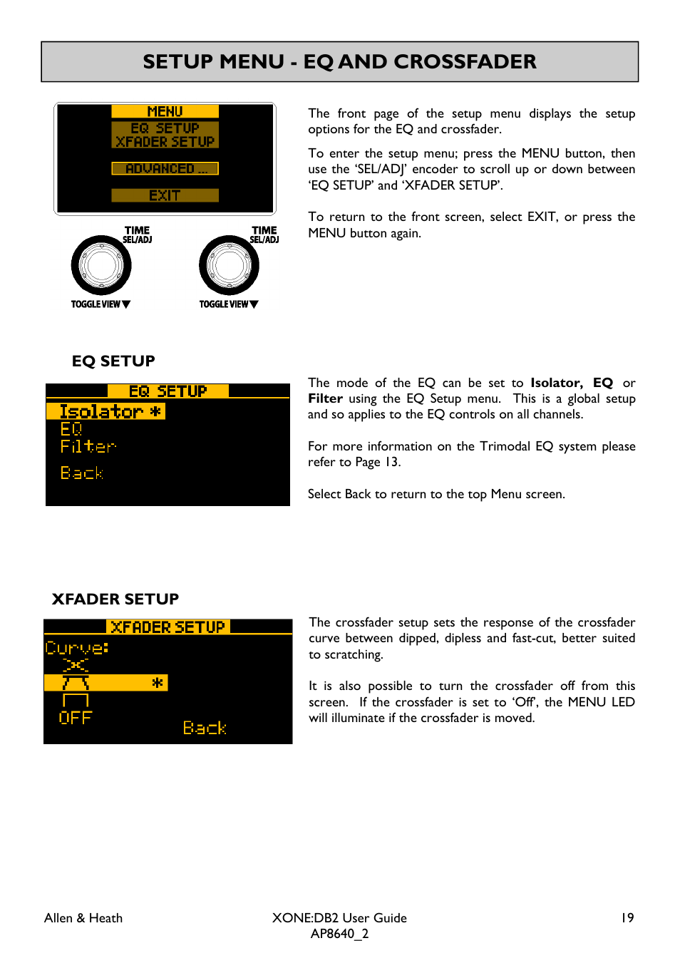 Setup menu - eq and crossfader | Allen&Heath XONE DB2 User Manual | Page 19 / 41