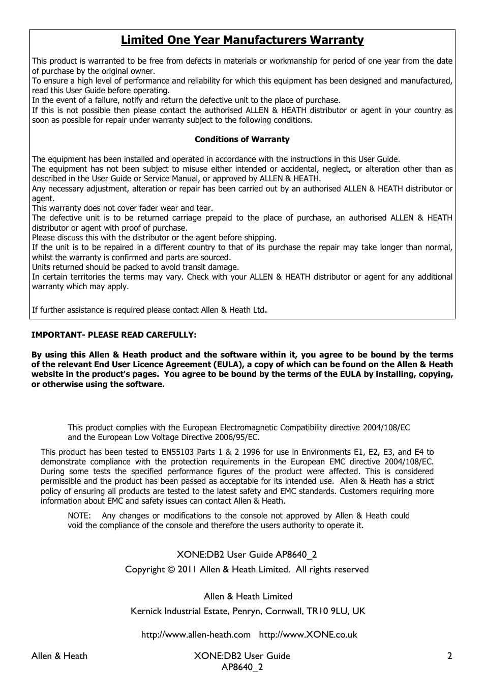 Limited one year manufacturers warranty | Allen&Heath XONE DB2 User Manual | Page 2 / 41