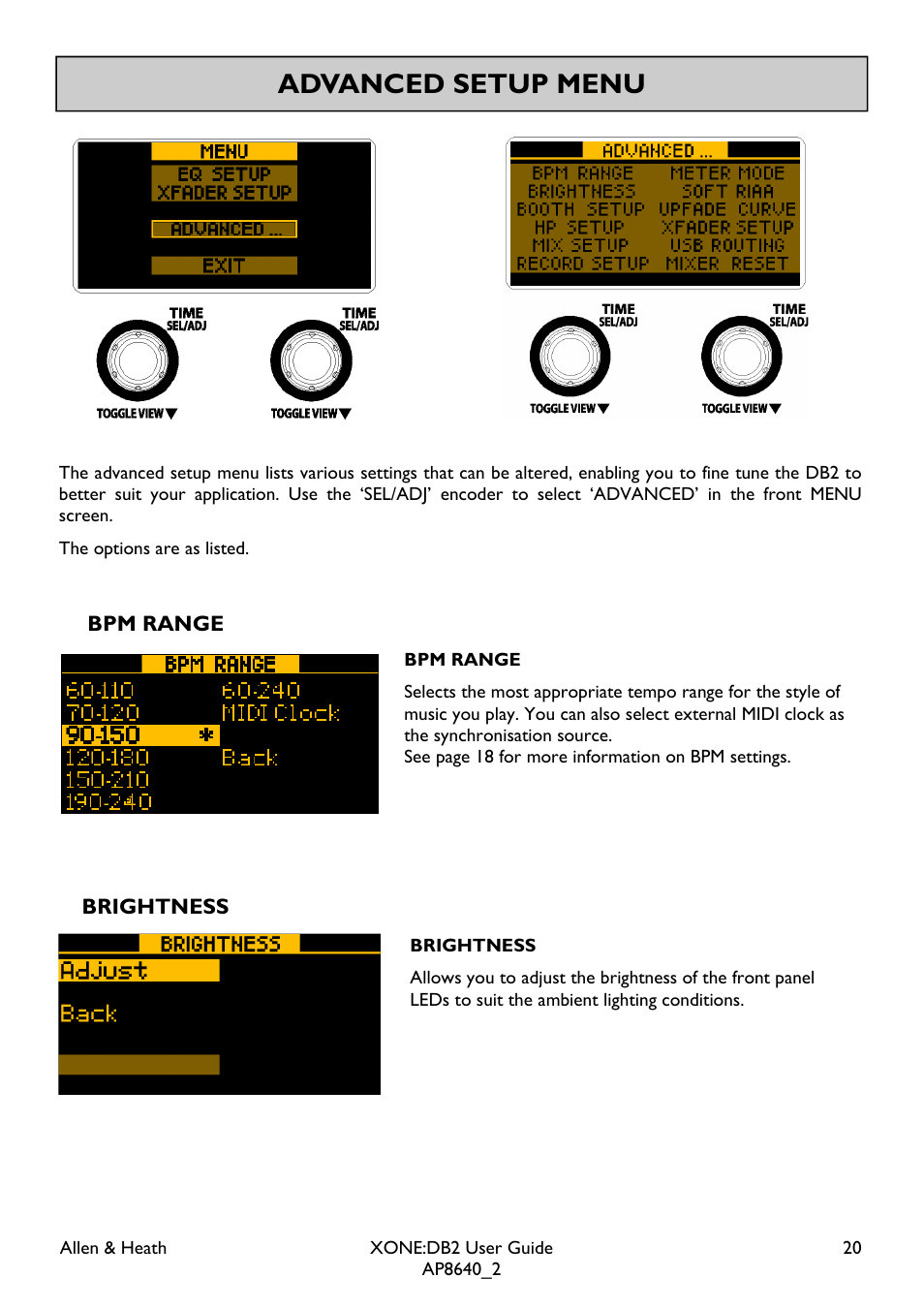 Advanced setup menu, Bpm range brightness | Allen&Heath XONE DB2 User Manual | Page 20 / 41