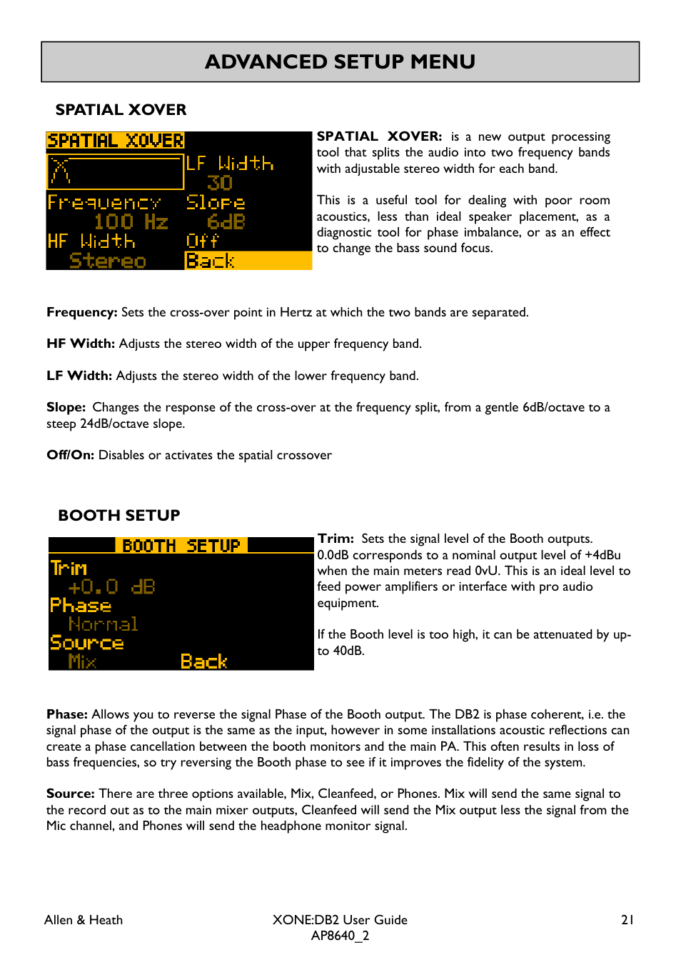 Advanced setup menu | Allen&Heath XONE DB2 User Manual | Page 21 / 41