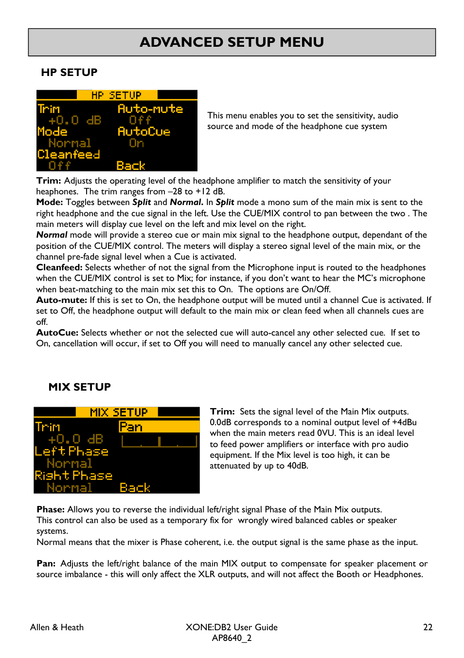 Advanced setup menu | Allen&Heath XONE DB2 User Manual | Page 22 / 41