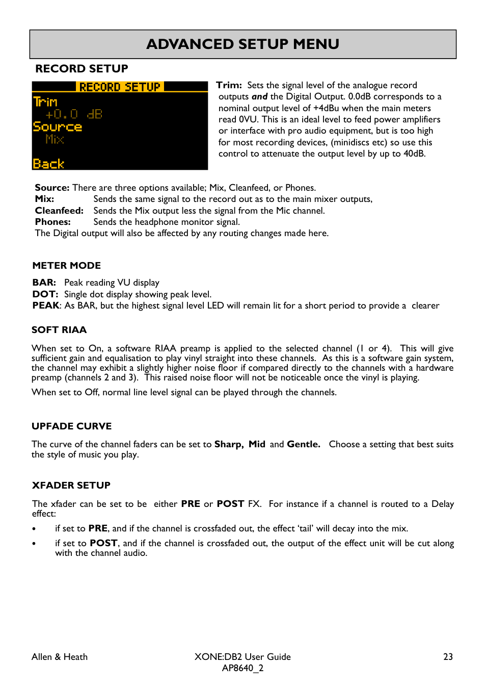 Advanced setup menu, Record setup | Allen&Heath XONE DB2 User Manual | Page 23 / 41