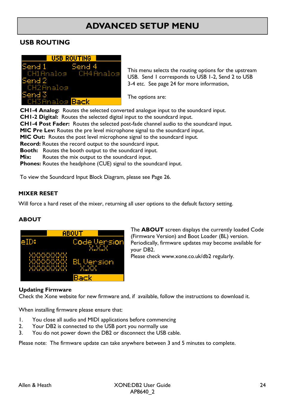 Advanced setup menu, Usb routing | Allen&Heath XONE DB2 User Manual | Page 24 / 41