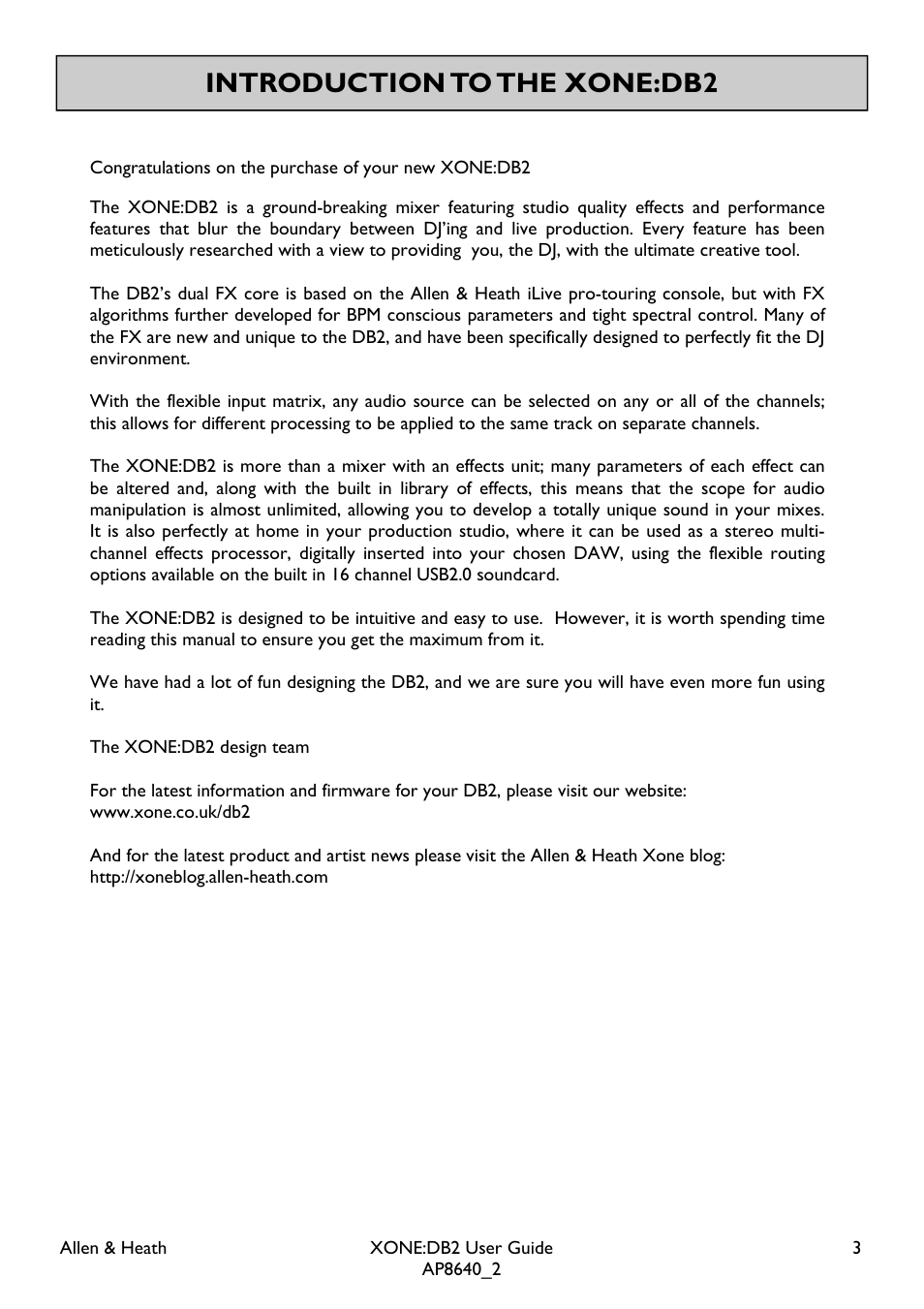 Introduction to the xone:db2 | Allen&Heath XONE DB2 User Manual | Page 3 / 41