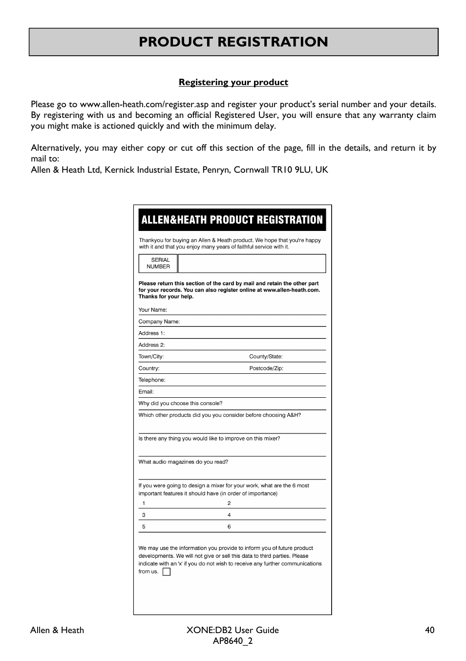 Product registration | Allen&Heath XONE DB2 User Manual | Page 40 / 41