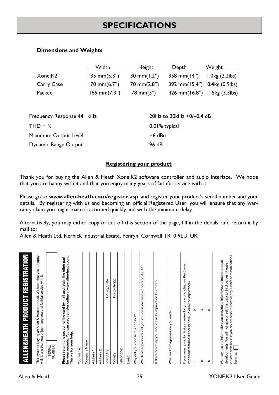 Specifications | Allen&Heath XONE K2 User Manual | Page 29 / 30