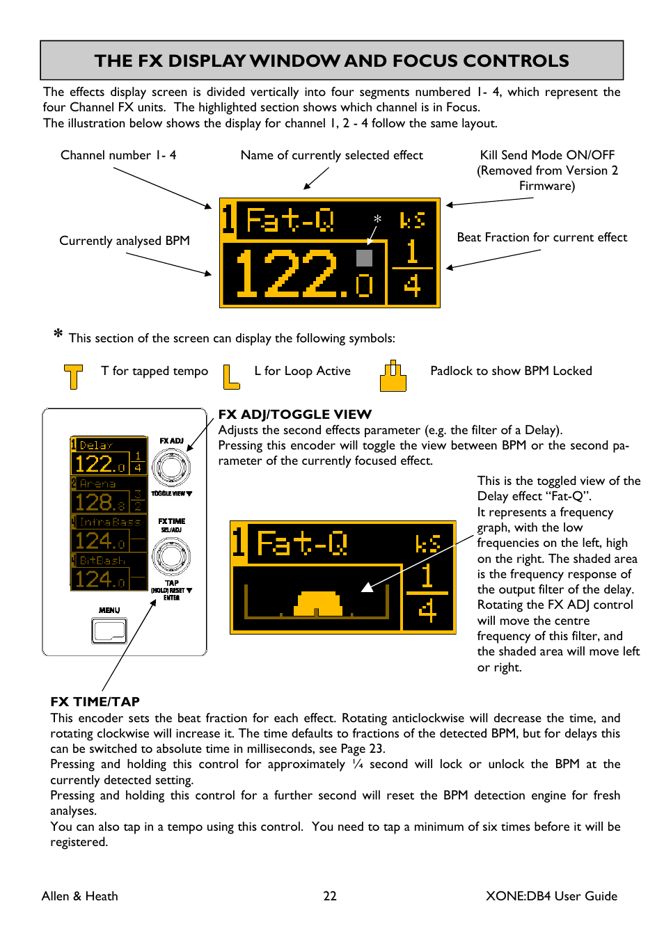 The fx display window and focus controls | Allen&Heath XONE DB4 User Manual | Page 22 / 49
