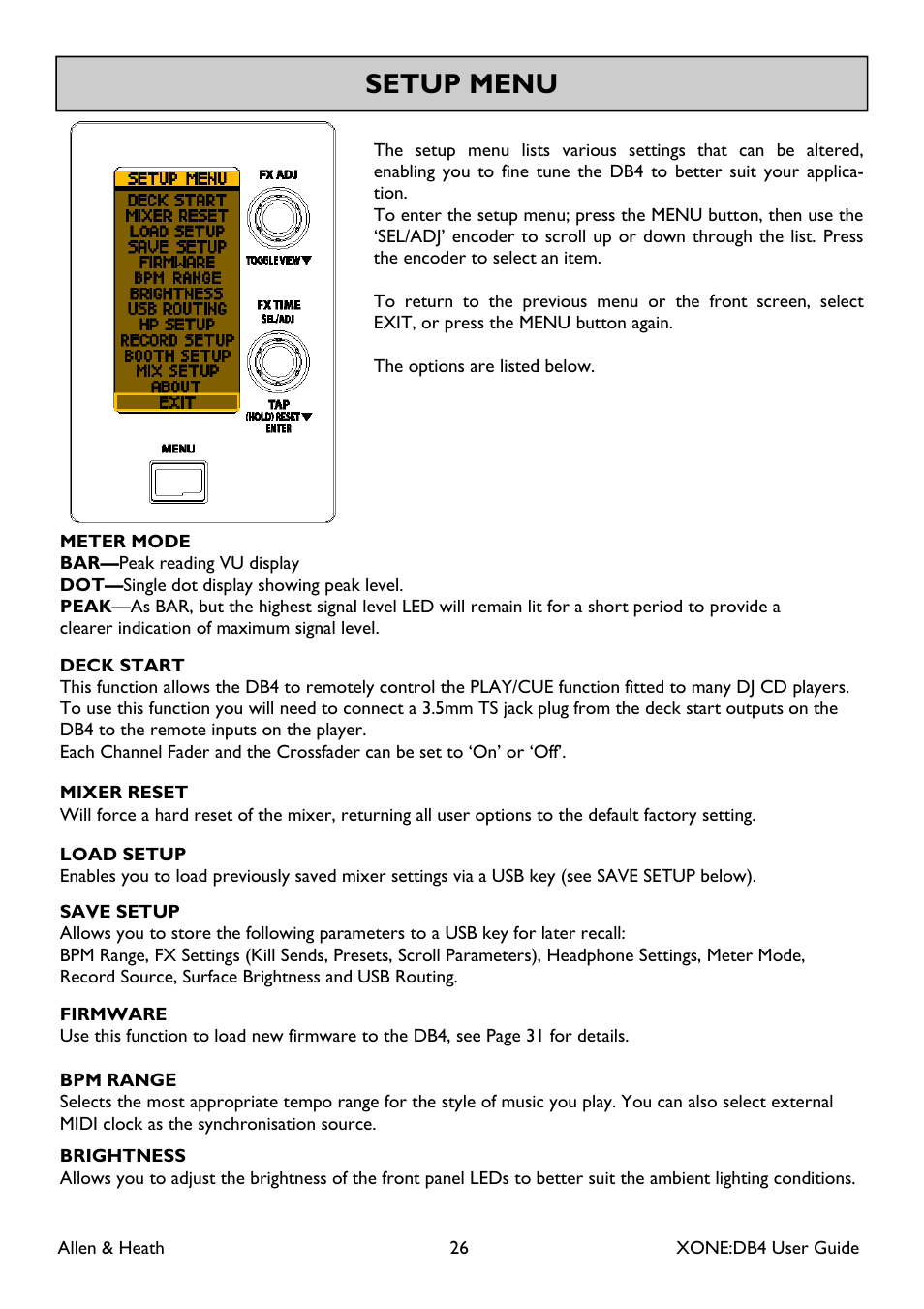 Setup menu | Allen&Heath XONE DB4 User Manual | Page 26 / 49