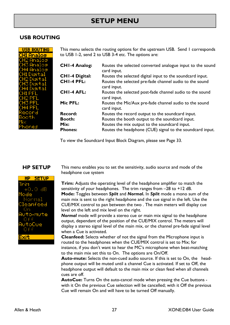 Setup menu | Allen&Heath XONE DB4 User Manual | Page 27 / 49