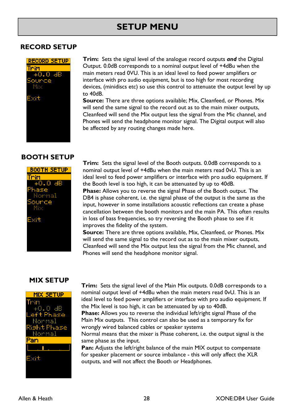 Setup menu | Allen&Heath XONE DB4 User Manual | Page 28 / 49