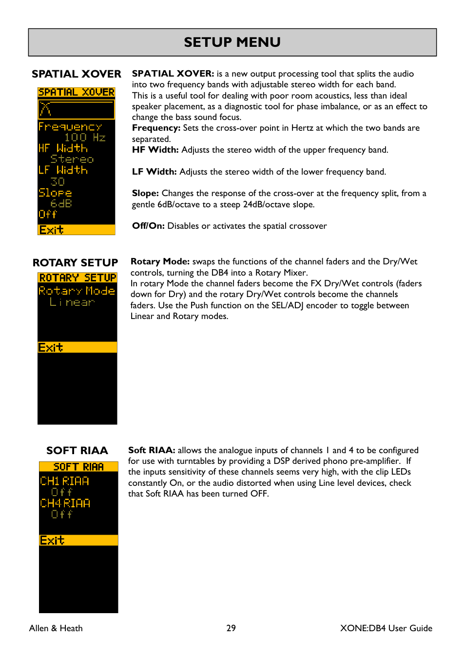 Setup menu | Allen&Heath XONE DB4 User Manual | Page 29 / 49