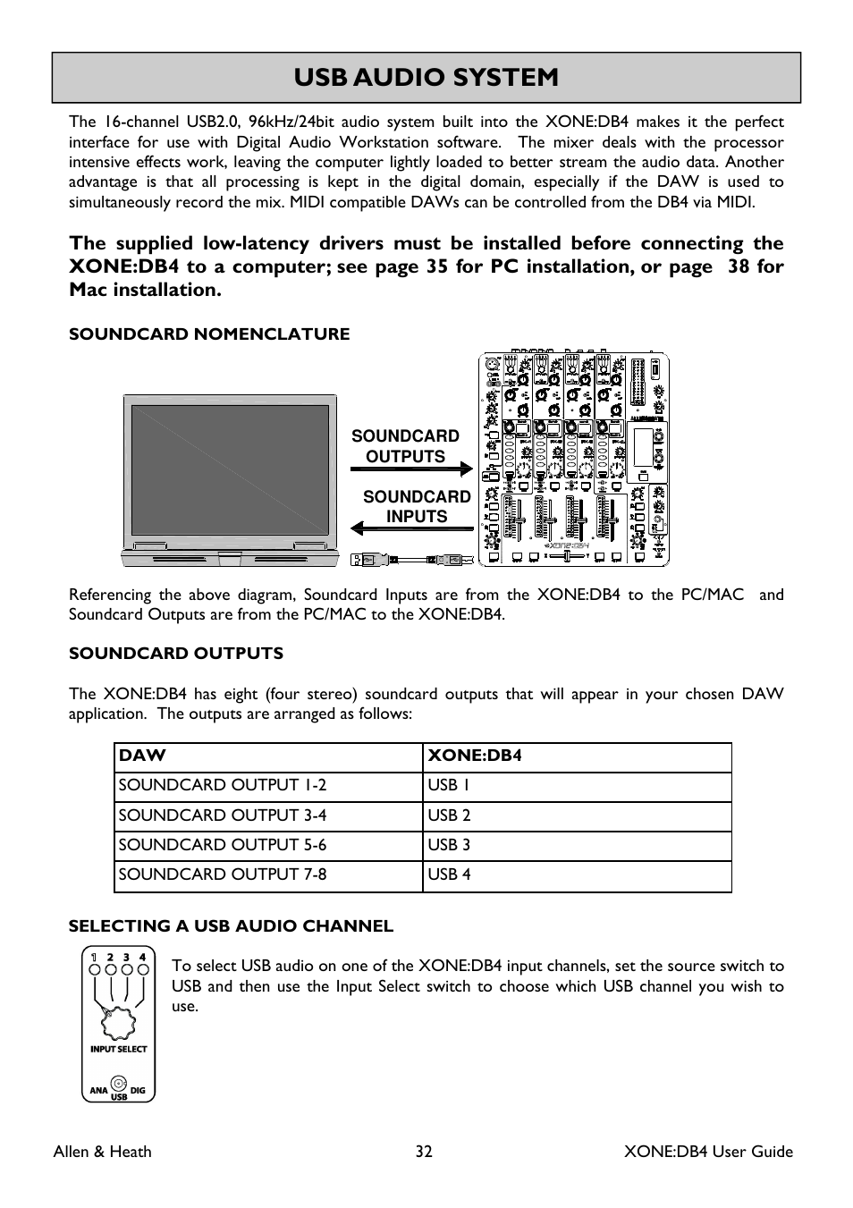 Usb audio system | Allen&Heath XONE DB4 User Manual | Page 32 / 49