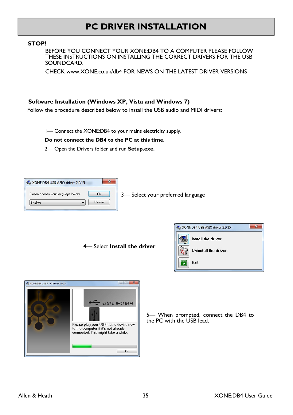 Pc driver installation | Allen&Heath XONE DB4 User Manual | Page 35 / 49