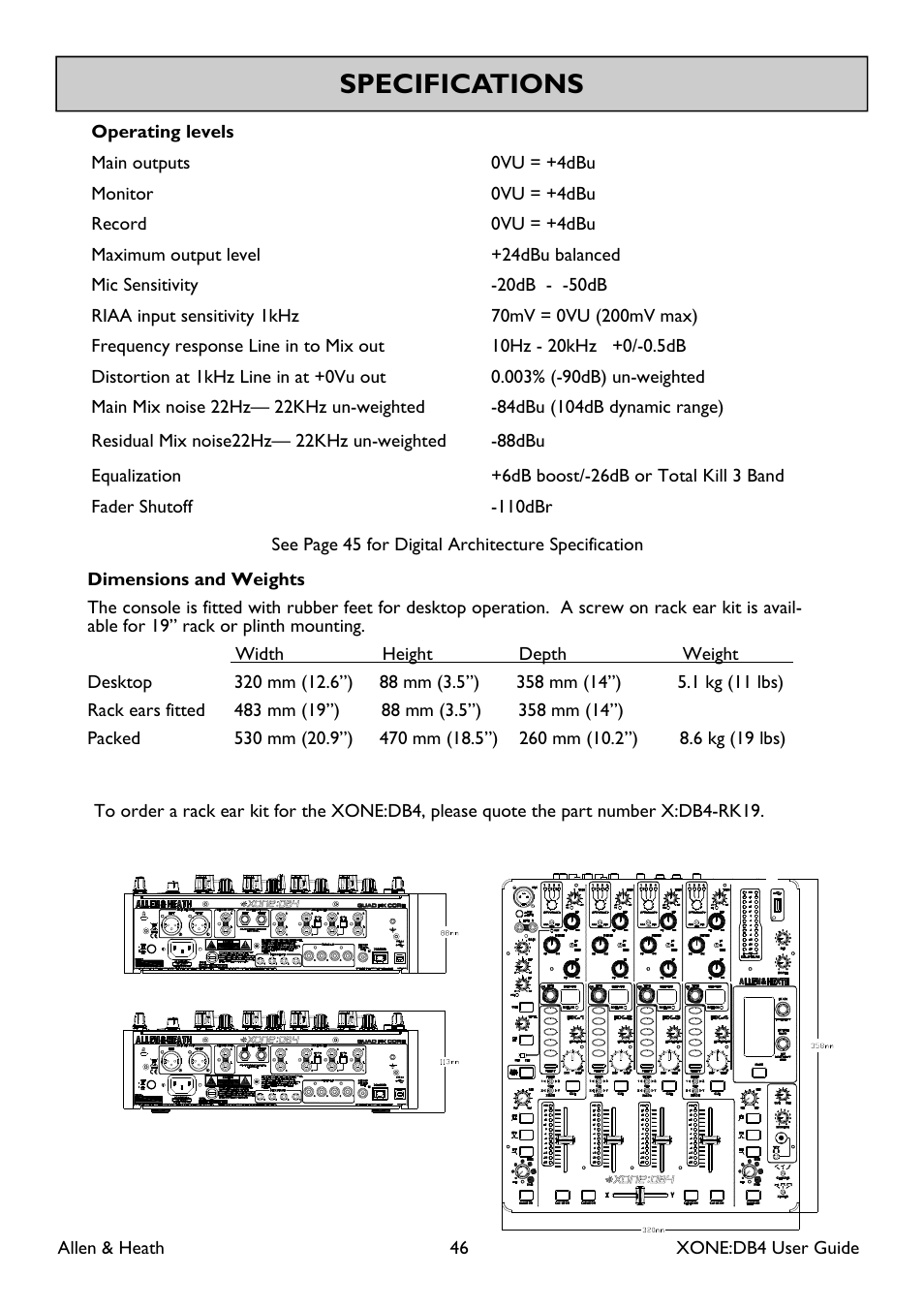 Specifications | Allen&Heath XONE DB4 User Manual | Page 46 / 49