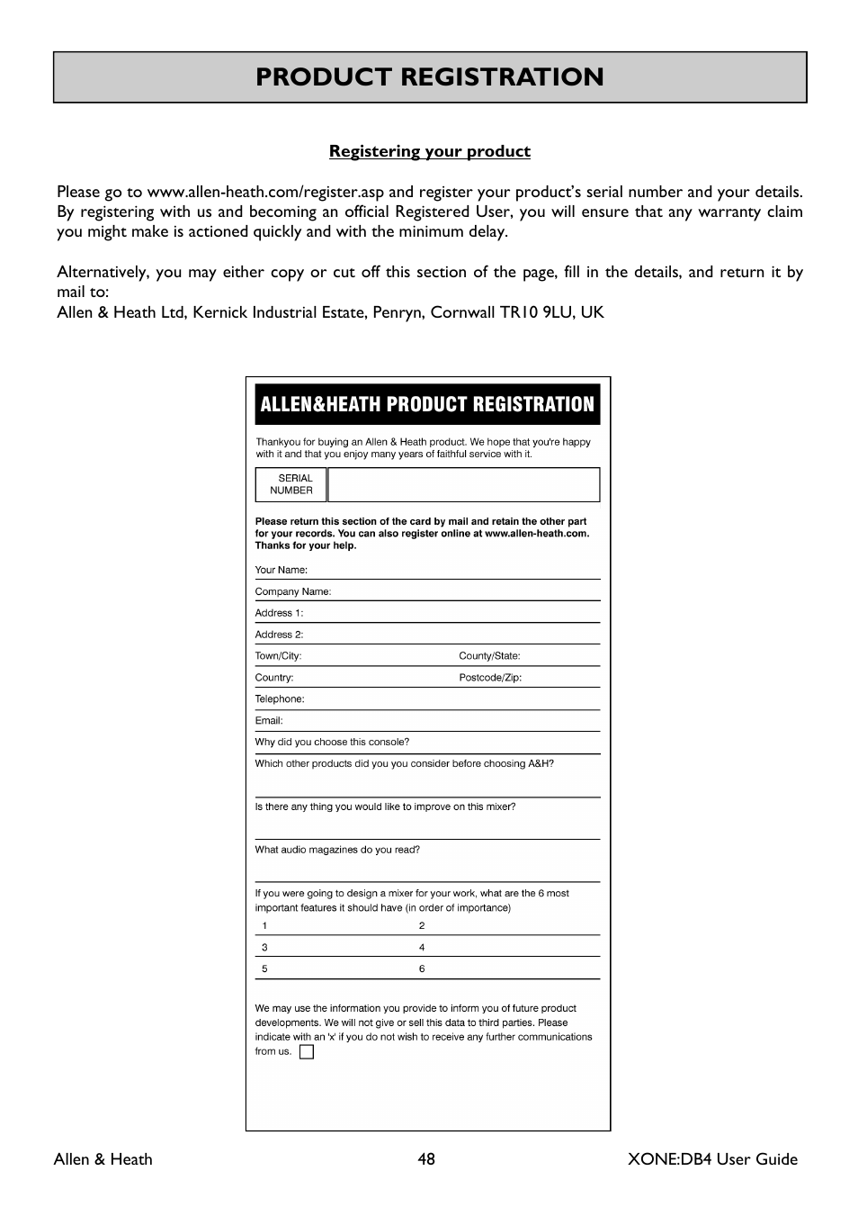 Product registration | Allen&Heath XONE DB4 User Manual | Page 48 / 49