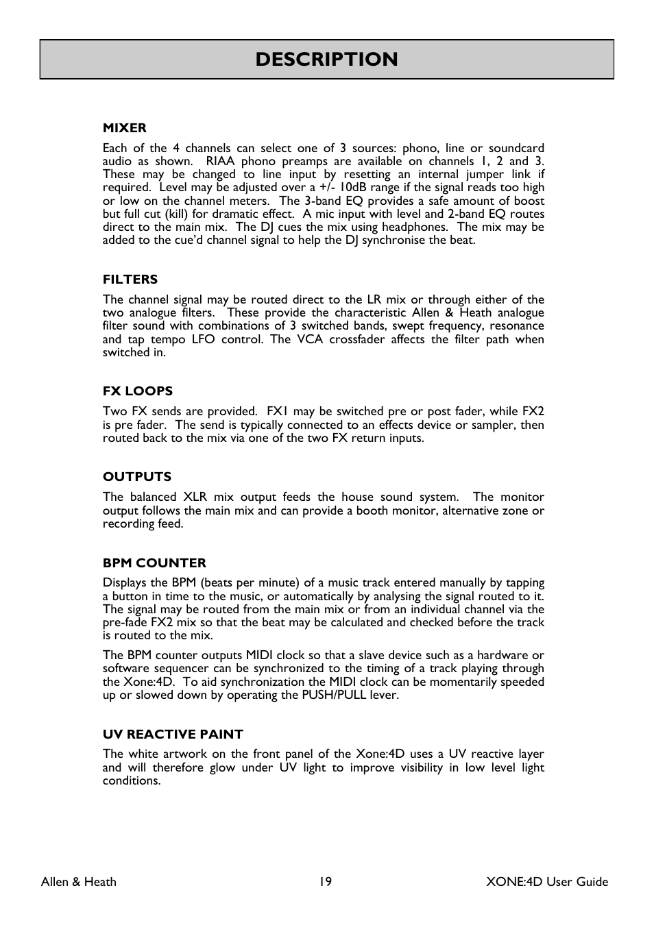 Description | Allen&Heath XONE 4D User Manual | Page 19 / 48