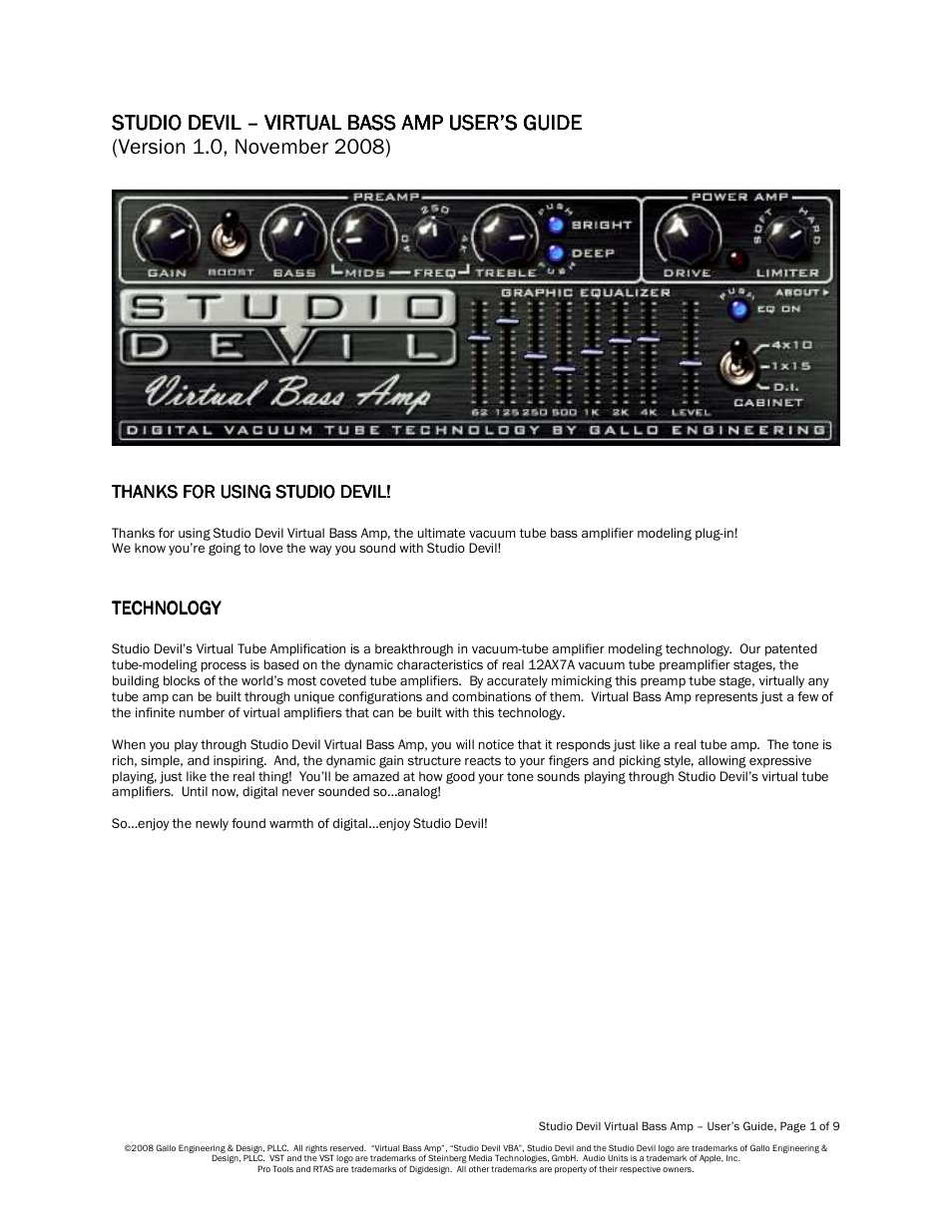 Studio Devil Virtual Bass Amp (Version 1.0, November 2008) User Manual | 9 pages