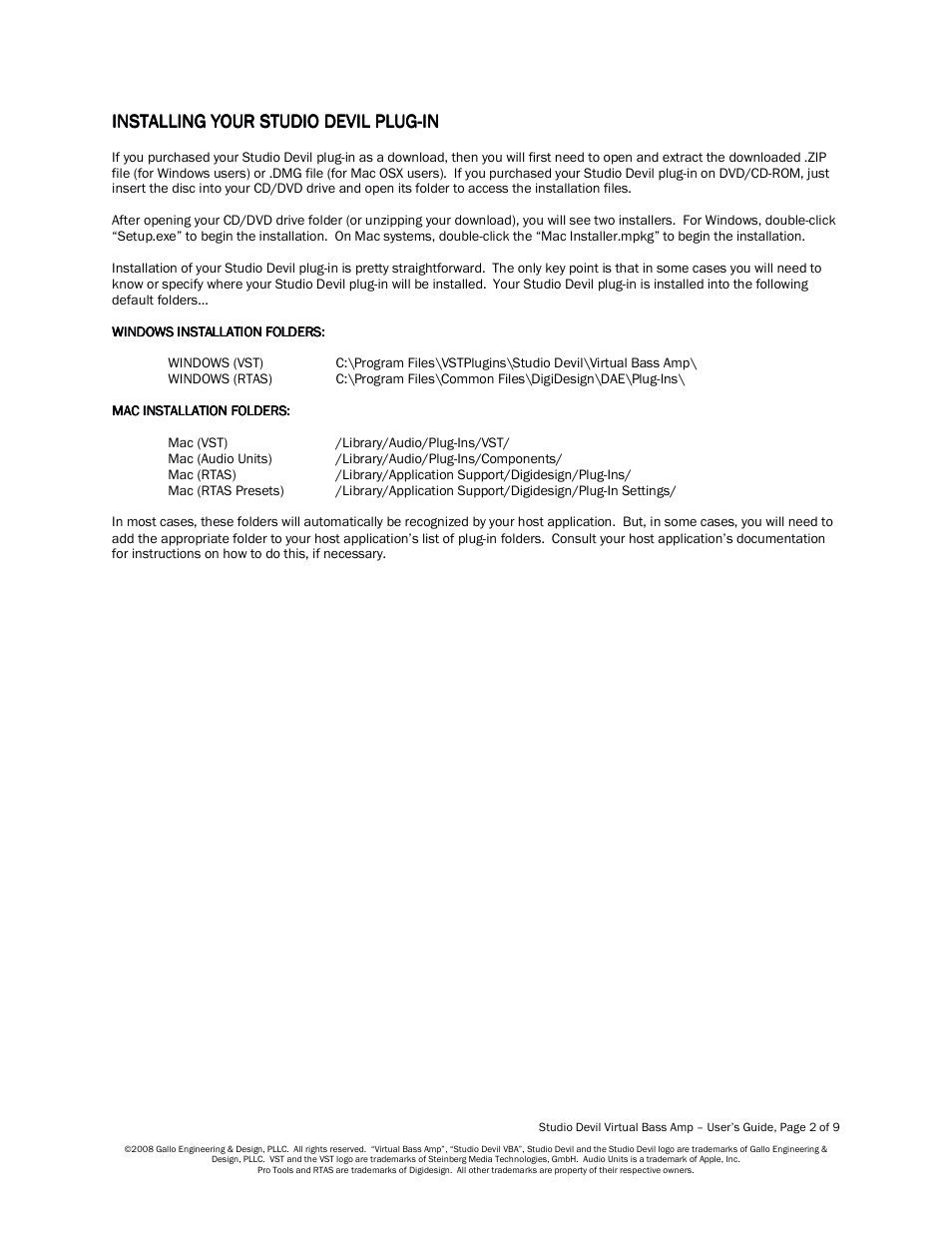 Installing your studio devil plug | Studio Devil Virtual Bass Amp (Version 1.0, November 2008) User Manual | Page 2 / 9