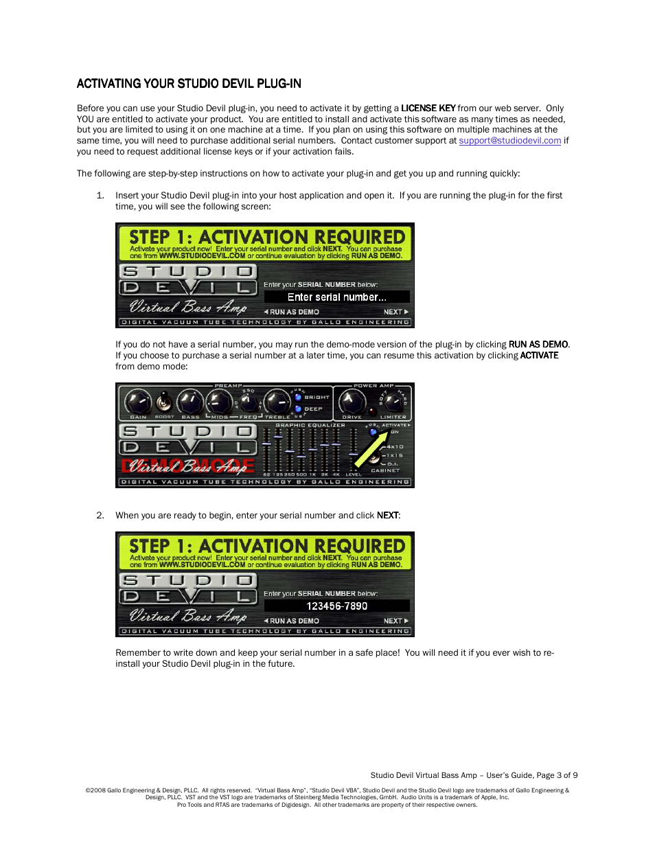 Activating your studio devil plug | Studio Devil Virtual Bass Amp (Version 1.0, November 2008) User Manual | Page 3 / 9