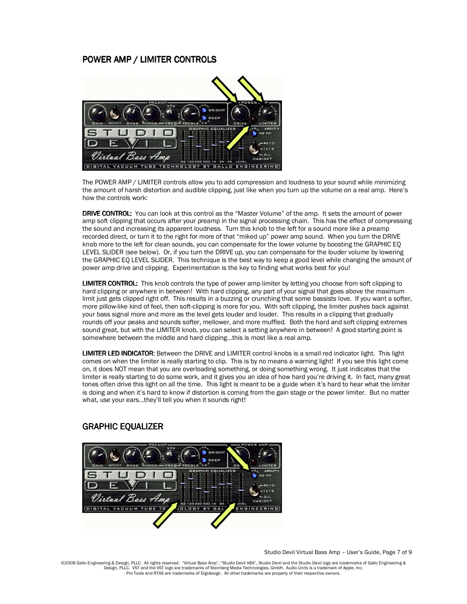 Power amp / limiter controls, Graphic equalizer | Studio Devil Virtual Bass Amp (Version 1.0, November 2008) User Manual | Page 7 / 9
