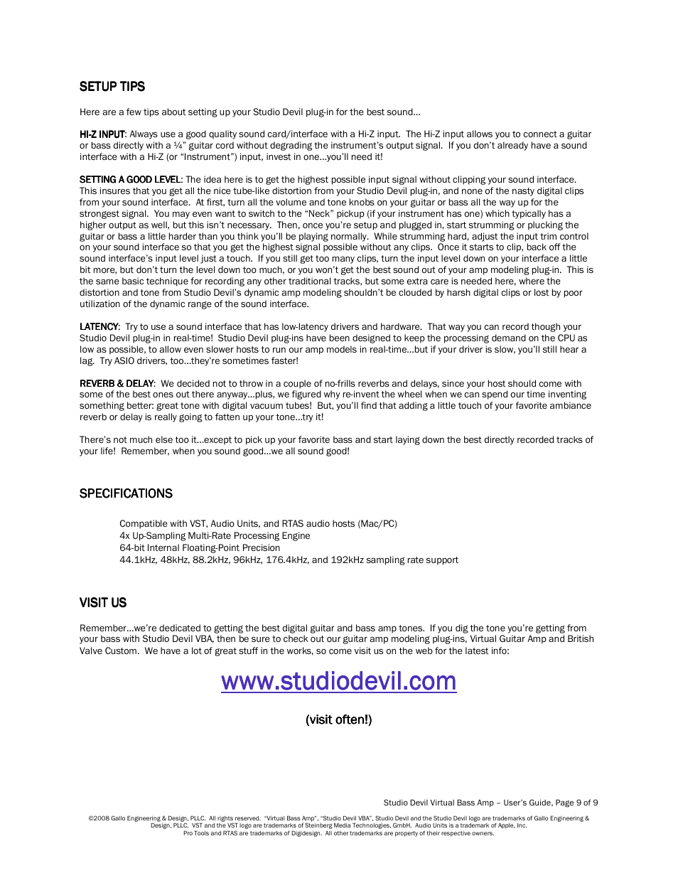 Studio Devil Virtual Bass Amp (Version 1.0, November 2008) User Manual | Page 9 / 9