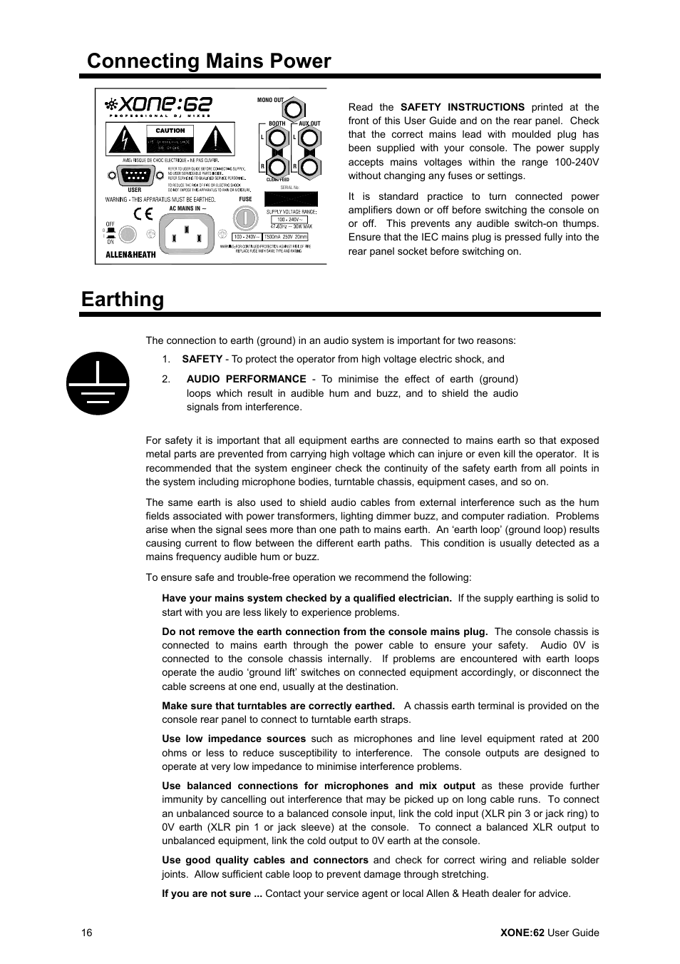Connecting mains power, Earthing | Allen&Heath XONE 62 User Manual | Page 16 / 32