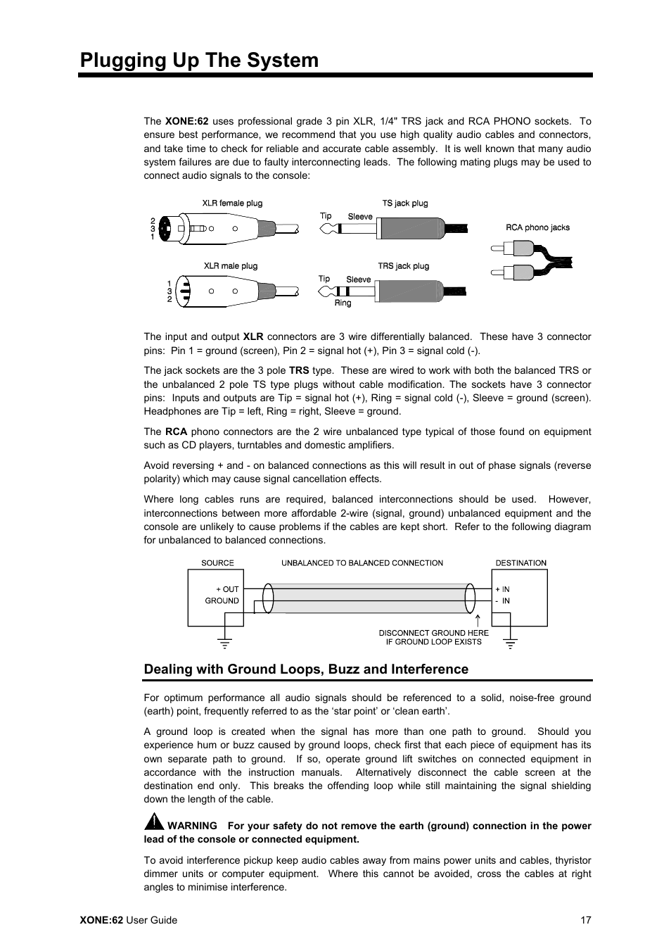 Plugging up the system, Dealing with ground loops, buzz and interference | Allen&Heath XONE 62 User Manual | Page 17 / 32