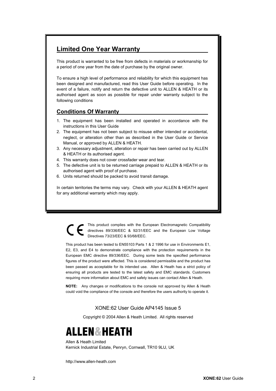 Limited one year warranty, Conditions of warranty | Allen&Heath XONE 62 User Manual | Page 2 / 32