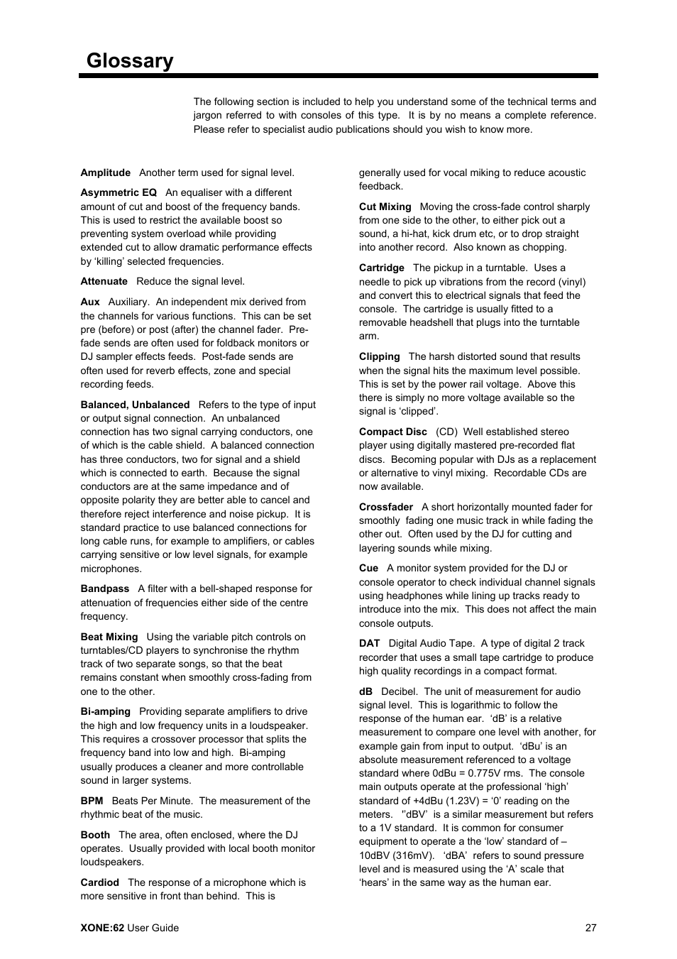 Glossary | Allen&Heath XONE 62 User Manual | Page 27 / 32
