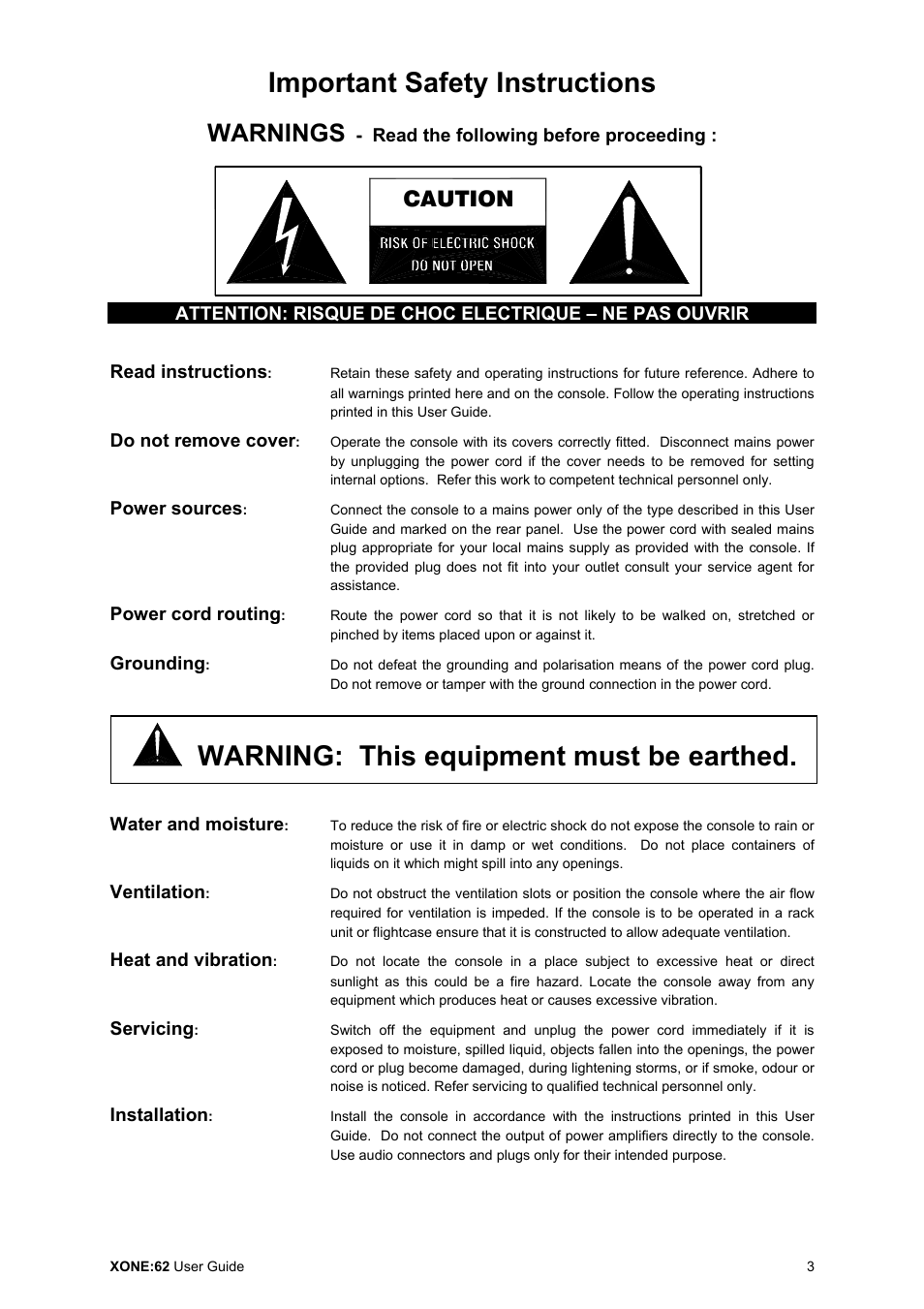 Important safety instructions, Warning: this equipment must be earthed, Warnings | Caution | Allen&Heath XONE 62 User Manual | Page 3 / 32
