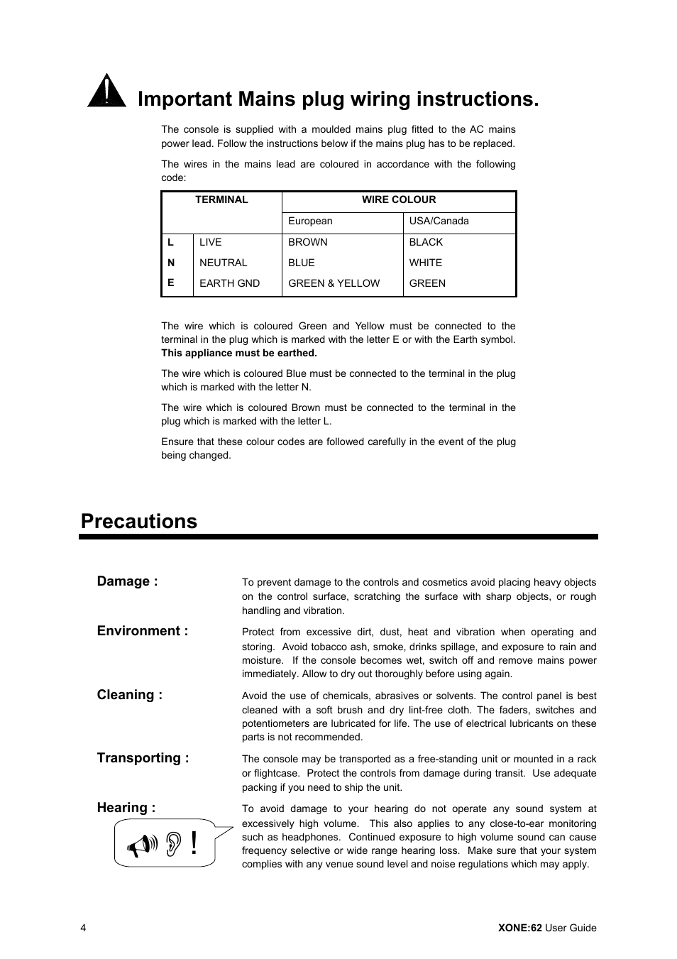 Important mains plug wiring instructions, Precautions | Allen&Heath XONE 62 User Manual | Page 4 / 32