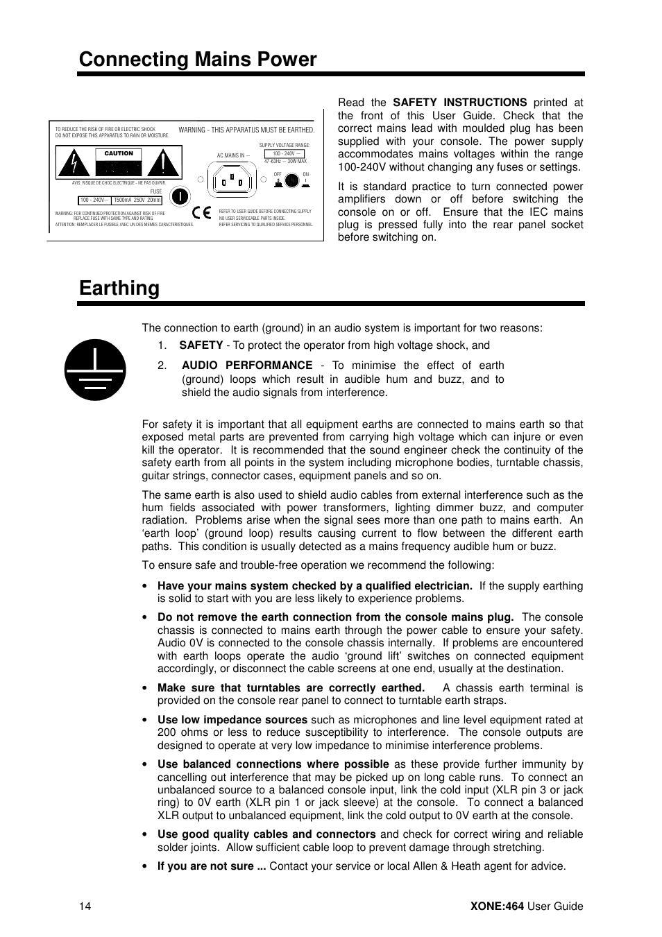 Connecting mains power, Earthing | Allen&Heath XONE 464 User Manual | Page 14 / 37
