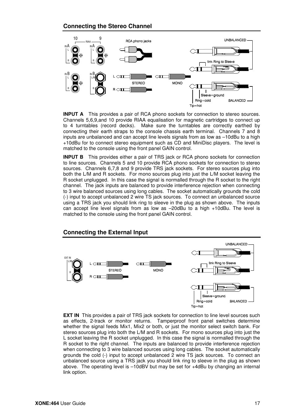 Connecting the stereo channel, Connecting the external input | Allen&Heath XONE 464 User Manual | Page 17 / 37