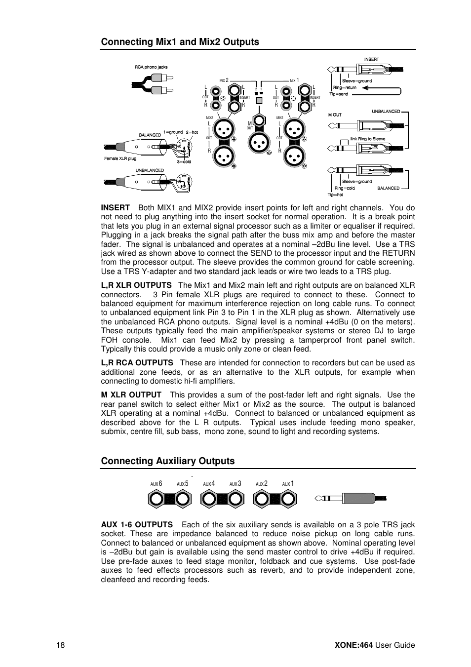 Connecting mix1 and mix2 outputs, Connecting auxiliary outputs | Allen&Heath XONE 464 User Manual | Page 18 / 37