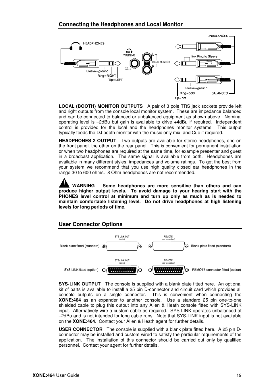 Connecting the headphones and local monitor, User connector options | Allen&Heath XONE 464 User Manual | Page 19 / 37