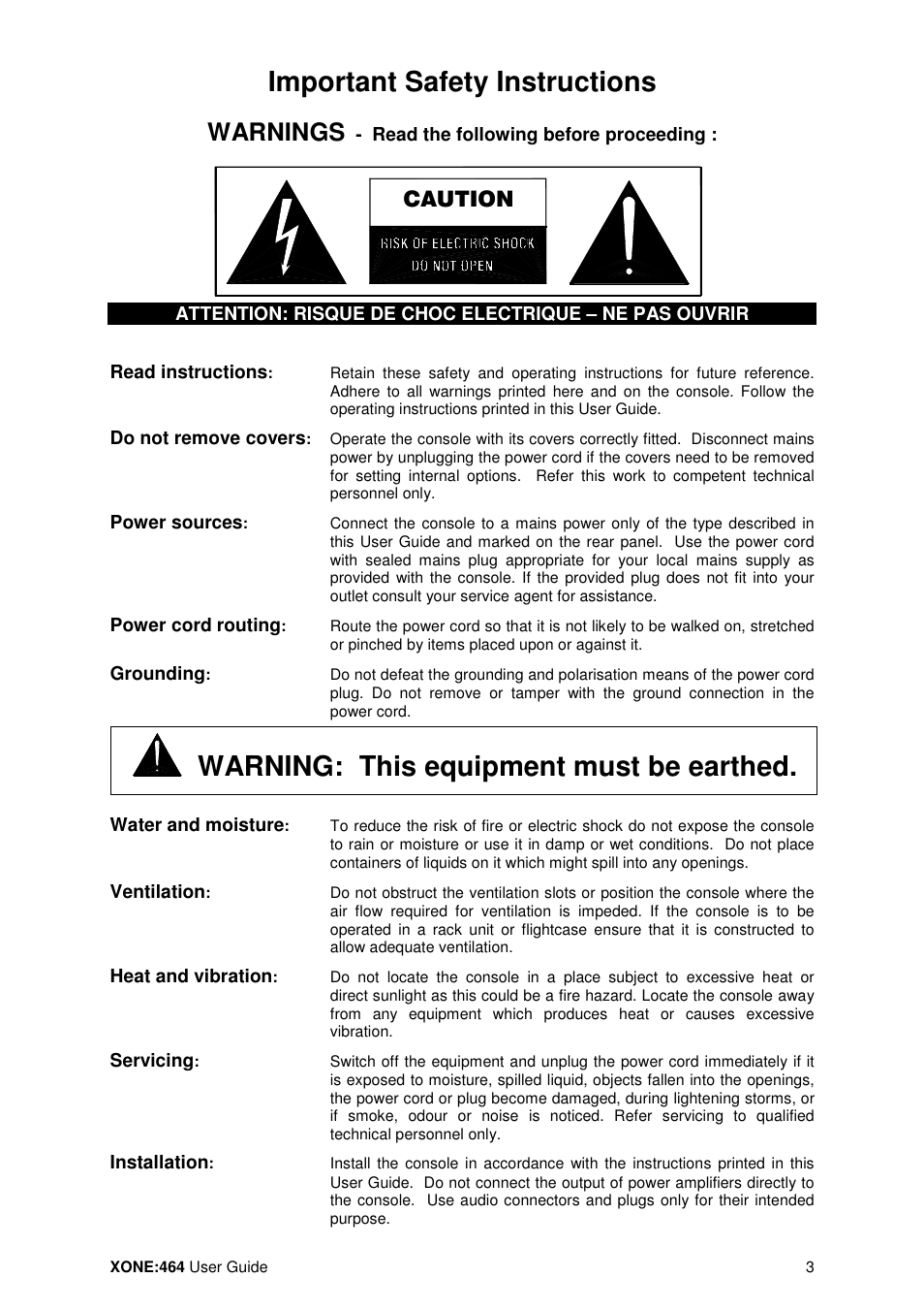 Important safety instructions, Warning: this equipment must be earthed, Warnings | Caution | Allen&Heath XONE 464 User Manual | Page 3 / 37