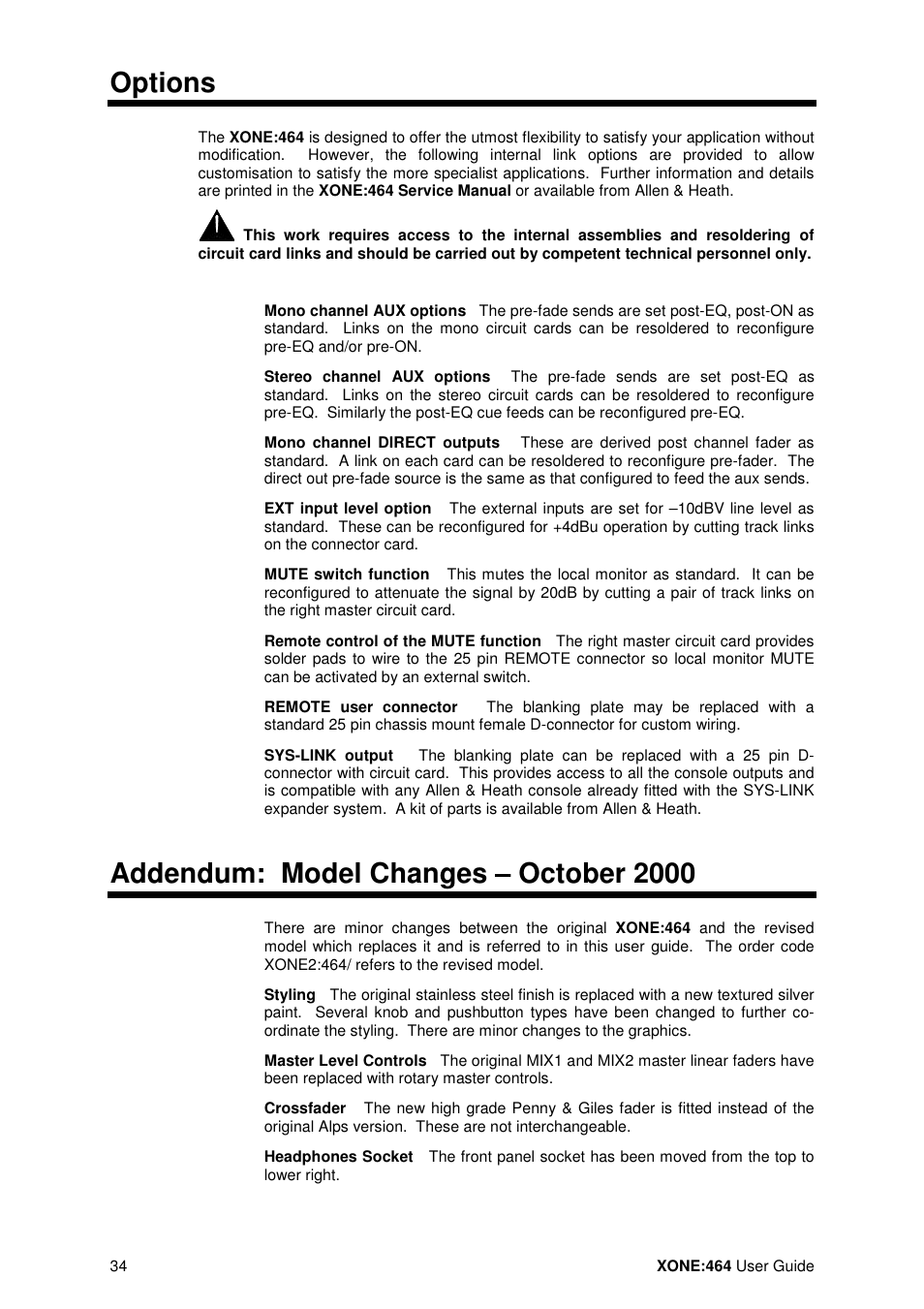 Options, Addendum: model changes – october 2000 | Allen&Heath XONE 464 User Manual | Page 34 / 37