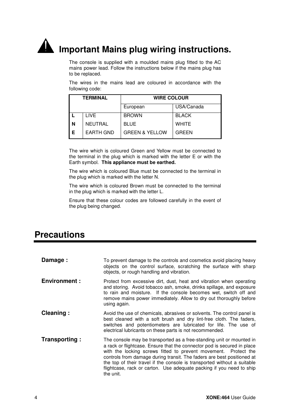Important mains plug wiring instructions, Precautions | Allen&Heath XONE 464 User Manual | Page 4 / 37