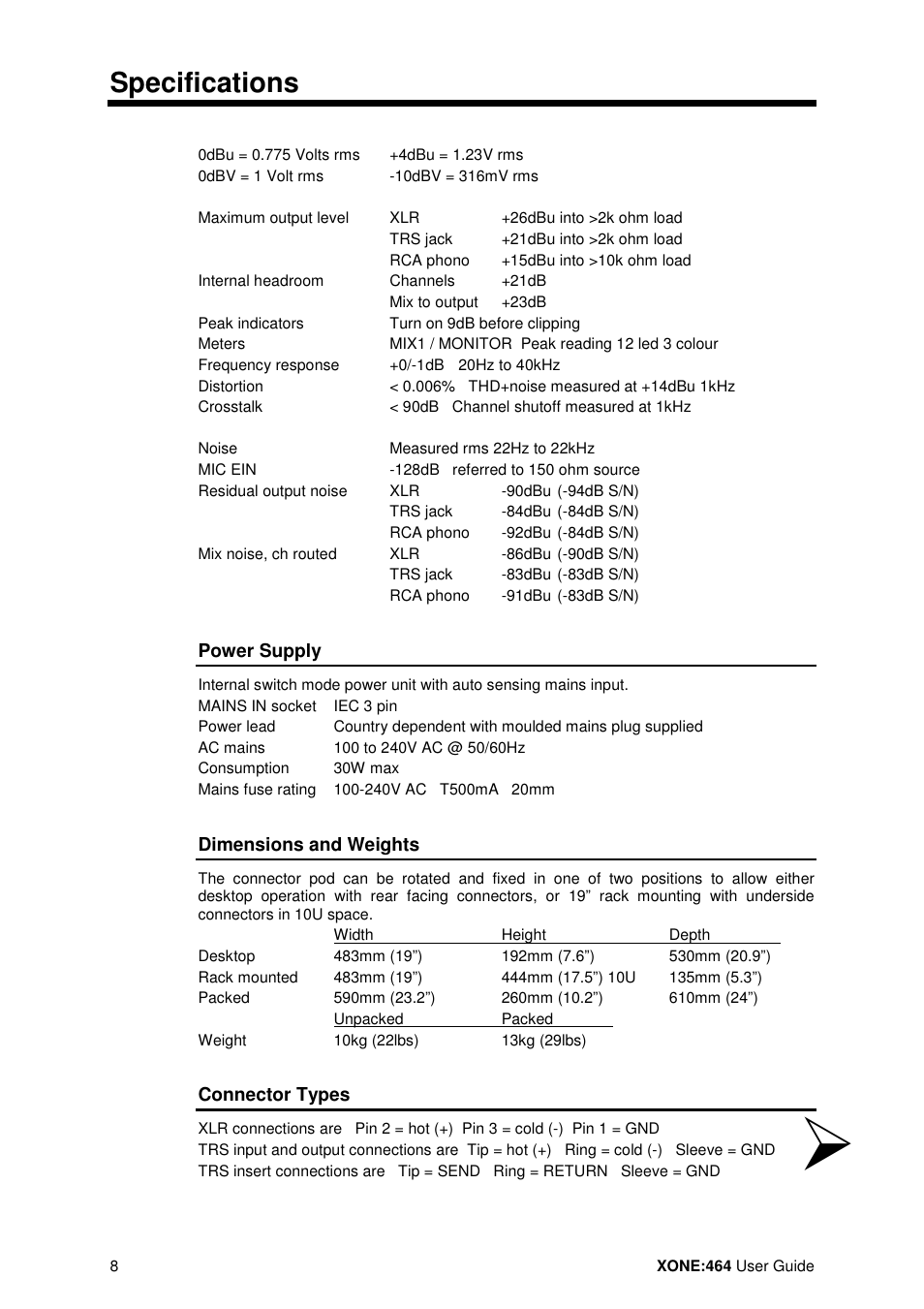 Specifications | Allen&Heath XONE 464 User Manual | Page 8 / 37