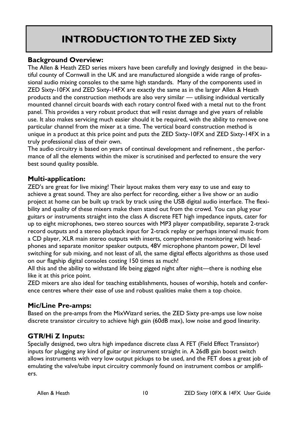 Introduction to the zed sixty | Allen&Heath ZED60-14FX User Manual | Page 10 / 36