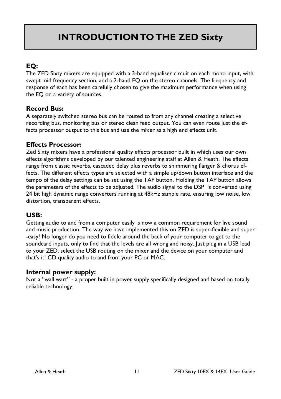 Introduction to the zed sixty | Allen&Heath ZED60-14FX User Manual | Page 11 / 36