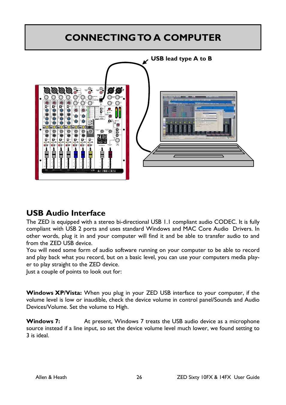 Connecting to a computer, Usb audio interface, Usb lead type a to b | O/p level switch | Allen&Heath ZED60-14FX User Manual | Page 26 / 36